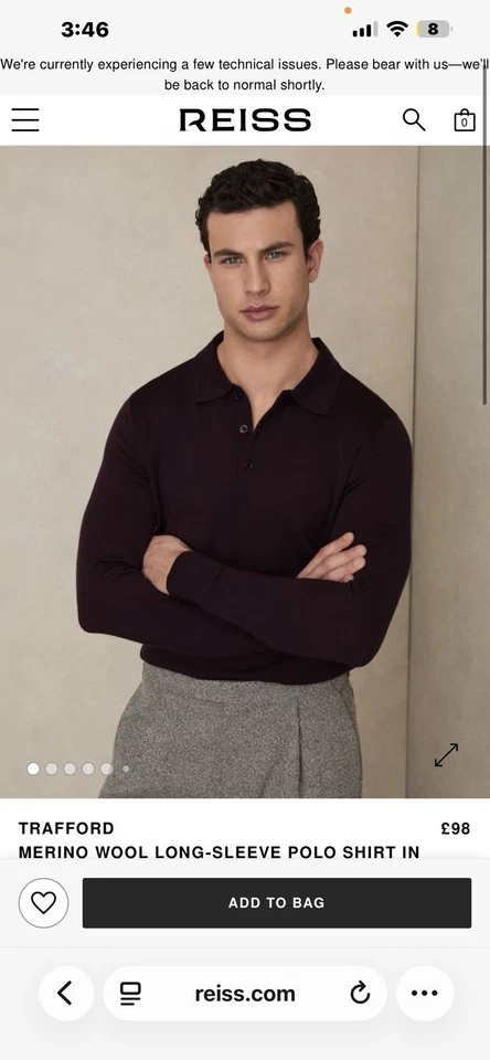 REISS TRAFFORDMERINO WOOL LONG-SLEEVE POLO SHIRT IN DARK BORDEAUX•size L - Image 1 of 4