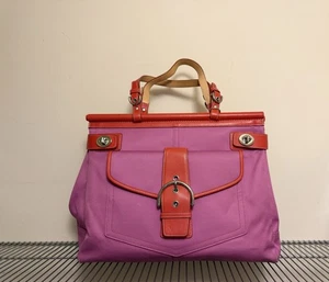 Coach A043 - 9367 Pink Canvas Red Leather Turnlock Tote - Picture 1 of 5
