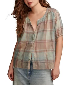 NWT Lucky Brand Womens Cotton Plaid Smocked-Shoulder Blouse MSRP $79 Size S - Picture 1 of 4