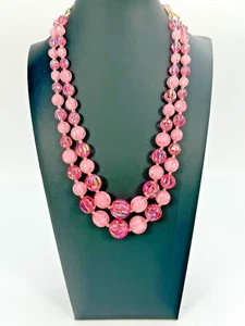 VTG West Germany Signed Pink Beaded Necklace Multi Strand Mid Century Mod Estate - Picture 1 of 6