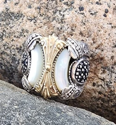 Konstantino Mother of Pearl Ring with 18kt Gold, .925 and Black Stones Sz 8 - Image 1 of 4