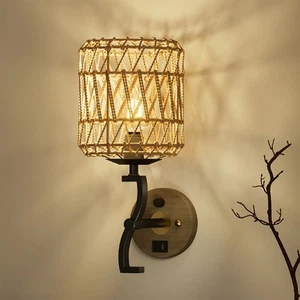 Vintage Wall Light Dimmable Hardwired LED Wall Sconce Bedroom Rattan Shade Brown - Picture 1 of 9