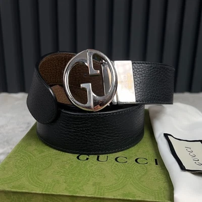 Gucci блокировка GG черный кожаный двусторонний ремень серебряная пряжка размер 85/34 - Изображение 1 из 4
