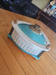 Mid Century Nasco Del Coronado Covered Dish w/ Wood & Brass Turquoise,white EXC - Picture 1 of 14