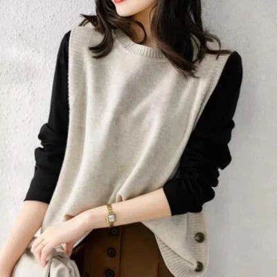 Lady Knit Waistcoat Gilet Tank Round Neck Sleeveless Sweater Vest Pullover Solid - Image 1 of 4