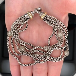 David Yurman Vintage 14k Gold & Silver Multi Strand Chain Diamond Bracelet - Picture 1 of 16