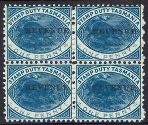 TASMANIA 1900 REVENUE OVERPRINTED PLATYPUS 1D BLUE MNH ** BLOCK - Picture 1 of 2