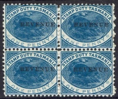TASMANIA 1900 REVENUE OVERPRINTED PLATYPUS 1D BLUE MNH ** BLOCK - Image 1 of 2