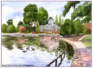 WEST PARK LAKE WOLVERHAMPTON WATERCOLOUR ARTISTS PRINT GREETINGS CARD 8"x 6" - Picture 1 of 1