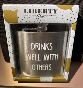 LIBERTY Bar "Drinks Well with Other” Flask 6 oz Silver & White - Picture 1 of 2