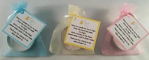 BABY SHOWER CANDLE TEA LIGHT FAVOURS STORK BLUE PINK YELLOW GUEST THANK YOU   - Picture 1 of 18