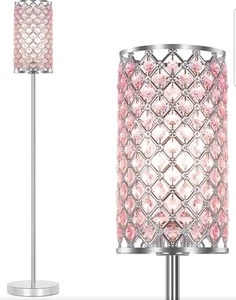 Crystal Floor Lamp for Bedroom, Silver Floor Lamp with Pink Shade, Girls Floor - Picture 1 of 6