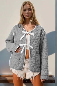 Double Take Contrast Trim Tie Front Quilted Jacket with Pockets - Picture 1 of 3