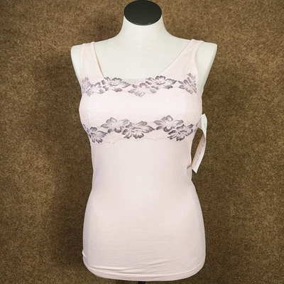 Sutiã feminino novo com etiquetas Rhonda Shear sobreposição de renda prateleira regata sem costura rosa GG gola redonda - Imagem 1 de 4