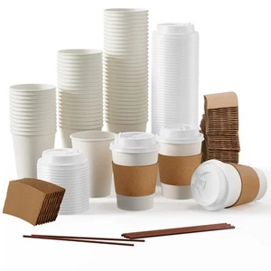 12 oz Disposable Coffee Cups with Lids, Sleeves & Stirrers for Hot/Cold Drinks - Picture 1 of 7