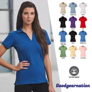 Ladies Polo Shirts Stretchy Cotton Pique Solid Colour Cool Comfort Buttonless - Picture 1 of 27