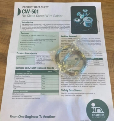 3% prata SAC305 sem solda de chumbo 0,025" sem fluxo limpo 20 pés ROHS CW-501 Indium Corp - Imagem 1 de 2