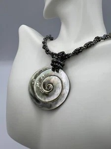Carved Abalone Pendant, Two Strand Glass Bead Necklace, 18” - Picture 1 of 6