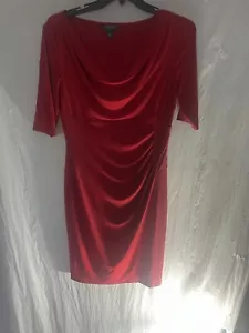 Lauren Ralph Lauren Dress Sheath Red 3/4 Sleeve Ruche Cowl Neck Empire Size 14 - Picture 1 of 2