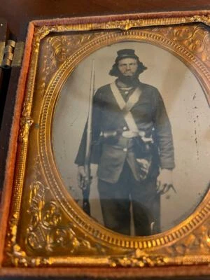 Civil War 1/6 Plate Tintype of a Union Private Loaded with Equipment Patriotic C - Image 1 of 4