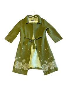 Vintage Floral Printed Pea Green Waist Tie Jacket 8 Boho Chic Twee Cotton - Picture 1 of 8