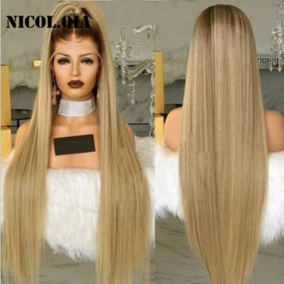 Long Straight Dark Roots Blonde Lace Front Human Hair Blend Wigs Heat Ok Women - Image 1 of 4