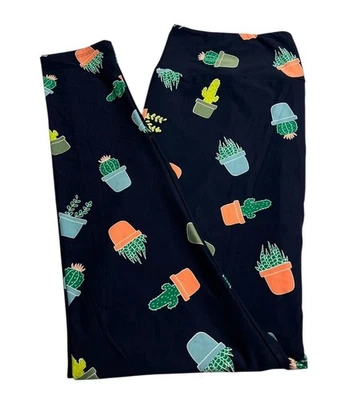 LuLaRoe Leggings TC2 Tall Curvy 2 BLUE Floral Plant CACTUS Succulent Pot Desert - Image 1 of 4