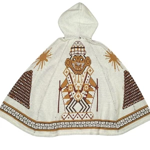 Vintage Inka Sonnengott gewebter Gobelin Kapuzen Poncho Cape Azteken Hippie Festival - Bild 1 von 8