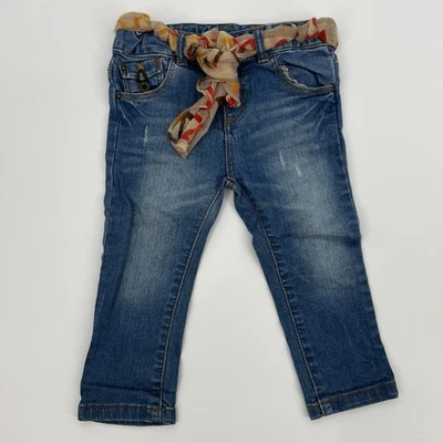 ZARA Baby Girl Jeans 12-18M Blue Denim Scarf Belt Adjustable Waist Cotton Blend - Image 1 of 4