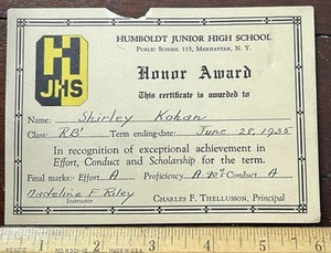 1935 Humboldt Junior High School Ehrenpreis, Manhattan NY 5 7/8 x 4 1/8 Zoll - Bild 1 von 2