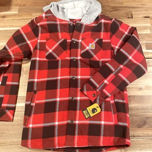 Boy's Youth Carhartt Sherpa Lined Snap Plaid Flannel Hooded Jacket XL 18/20 - Picture 1 of 7
