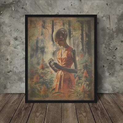 Vintage ALIEN GIRL CANNABIS Wall Art, Sci-fi Cryptid Decor, 420 Pot Weed Poster - Image 1 of 4