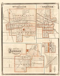 Stadtplan - Kendallville Ligonier Waterloo Garrett Indiana - Baskin 1876 - 23x29 - Bild 1 von 20