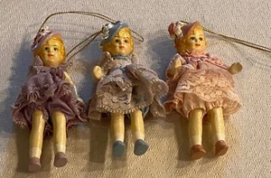 3 Vintage 5” Jointed Ceramic Doll In Their Easter Best Ornaments Christmas - Picture 1 of 5