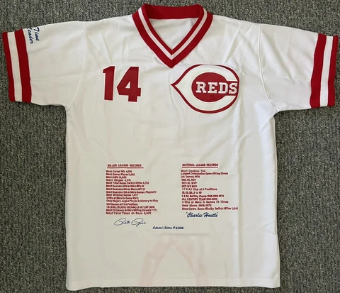 Pete Rose Cincinnati Reds #14 Stat Jersey /500 Unsigned White Pullover Stained Cover