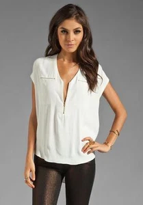 Rebecca Taylor Crepe Top NIEVE Blanco 100% Cremallera Seda Bolsillos Dorados NUEVO - Imagen 1 de 1