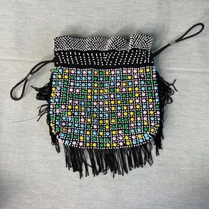 Vintage Mid Century Dot Beaded Handbag Drawstring Top Lined 9x9 inch Hong Kong - Picture 1 of 11