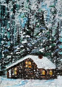 ACEO Original Winter HÜTTE Kiefer GEMÄLDE Schnee Urlaub XMAS Landschaft KUNST - Bild 1 von 1