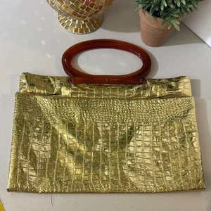 Vintage Gold Faux Croc Handbag with Amber Lucite Handle | Retro Glam Purse | Sta - Picture 1 of 10