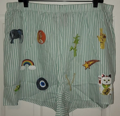 QUEEN OF SPARKLES VERDE Y BLANCO RAYAS ALGODÓN LENTEJUELAS SUERTE ICONO PANTALONES CORTOS 2XL NUEVO Foto 1 de 4