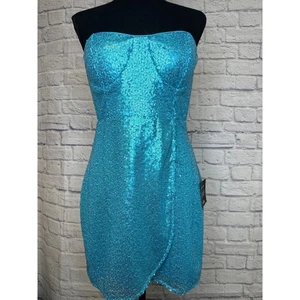 Lulus Turquoise Sequin Mini Party Formal Dress Strapless SZ MEDIUM NWT HOCO NYE - Picture 1 of 4
