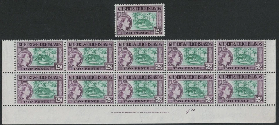 GILBERT & ELLICE IS QE II  1962 SG66a 2d PLATE & IMPRINT BLOCK  BLOCK x10 MNH — 第 1/2 张图片