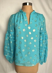 LILLY PULITZER Size S Giana Bermuda Blue Silver Shell Silk Chiffon Blouse S - Picture 1 of 5