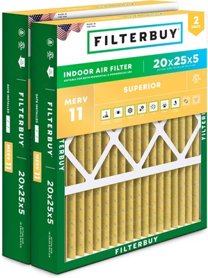 20X25X5 Air Filter MERV 11 Superior Pet & Allergy Defense (2-Pack), Pleated HVAC - Image 1 of 4