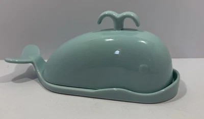 Dowan Whale Butter Dish Keeper Blue Porcelain Measuring Cutting Lines Lid Handle - Image 1 of 4