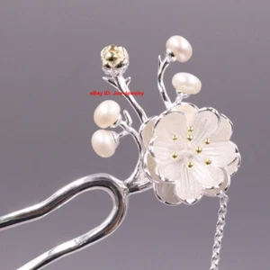Solid 925 Sterling Silver Flower and Butterfly Hairpin Chinese Vintage Style - Picture 1 of 8