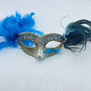 Blue Masquerade Mask With Feathers Venetian For Women Embellished - Picture 1 of 8