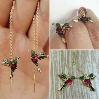 Silver Plated Drop Tassel Hummingbird Earrings Stud Threader Dangle Lab-Created - Image 1 of 4