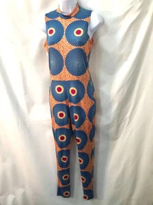 Op Art Mod Vintage 1970s Vintage Qiana Polyester sleeveless stretch jumpsuit XS - Picture 1 of 5