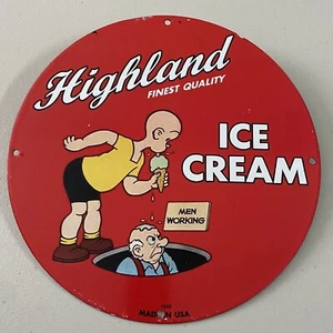 VINTAGE HIGHLAND ICE CREAM PORCELAIN GAS OIL DAIRY QUART MILK SHOP AD PUMP SIGN - Picture 1 of 12